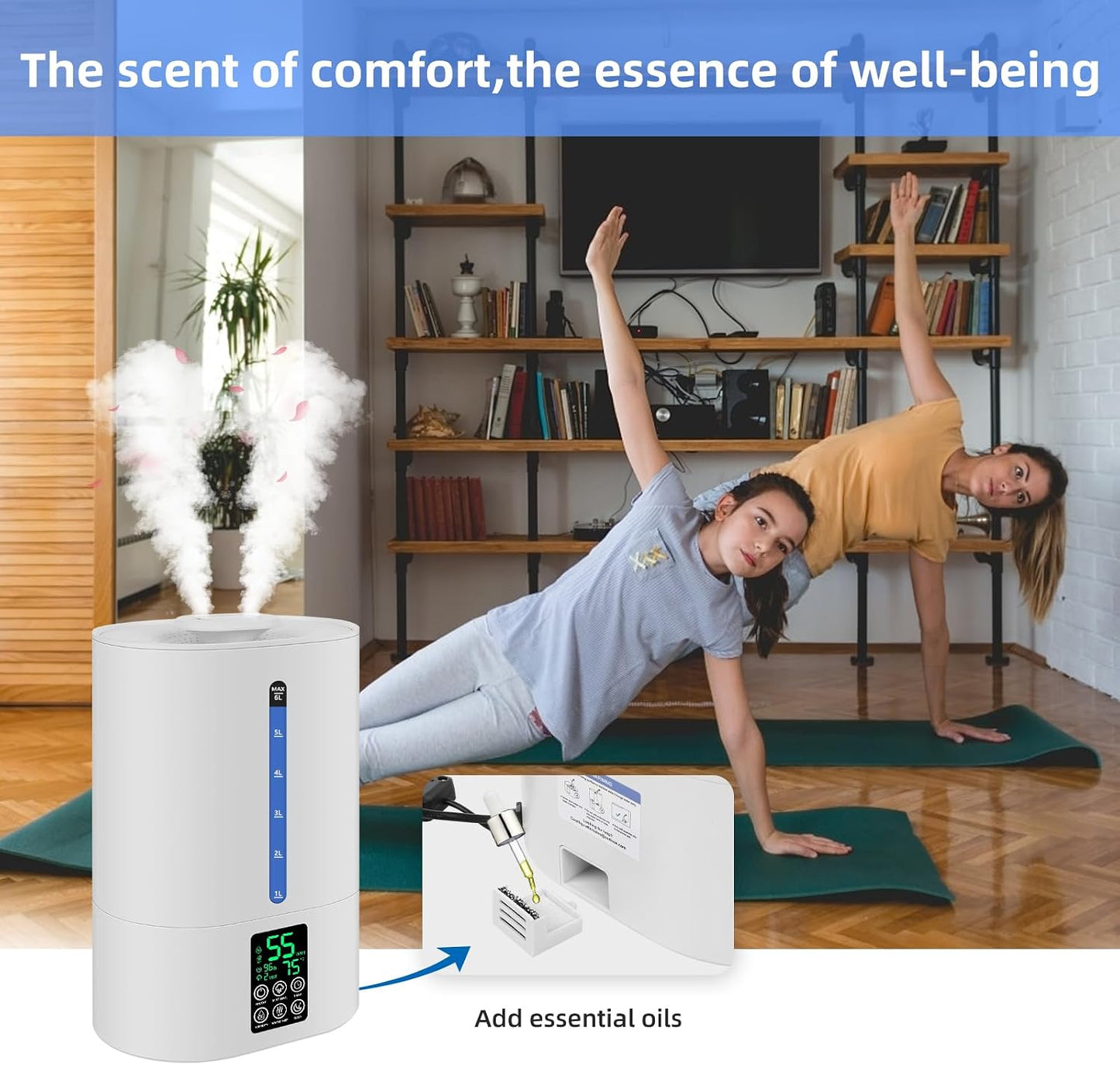 Coolfiqu 6L Humidifiers for Bedroom Large Room Home,Cool and Warm Humidifier for Baby and Plants Hot Mist Top Fill Desk Humidifier Oil Diffuser,Quiet,Auto Mode,360°Nozzle-Midnight Black(2026 Upgraded)