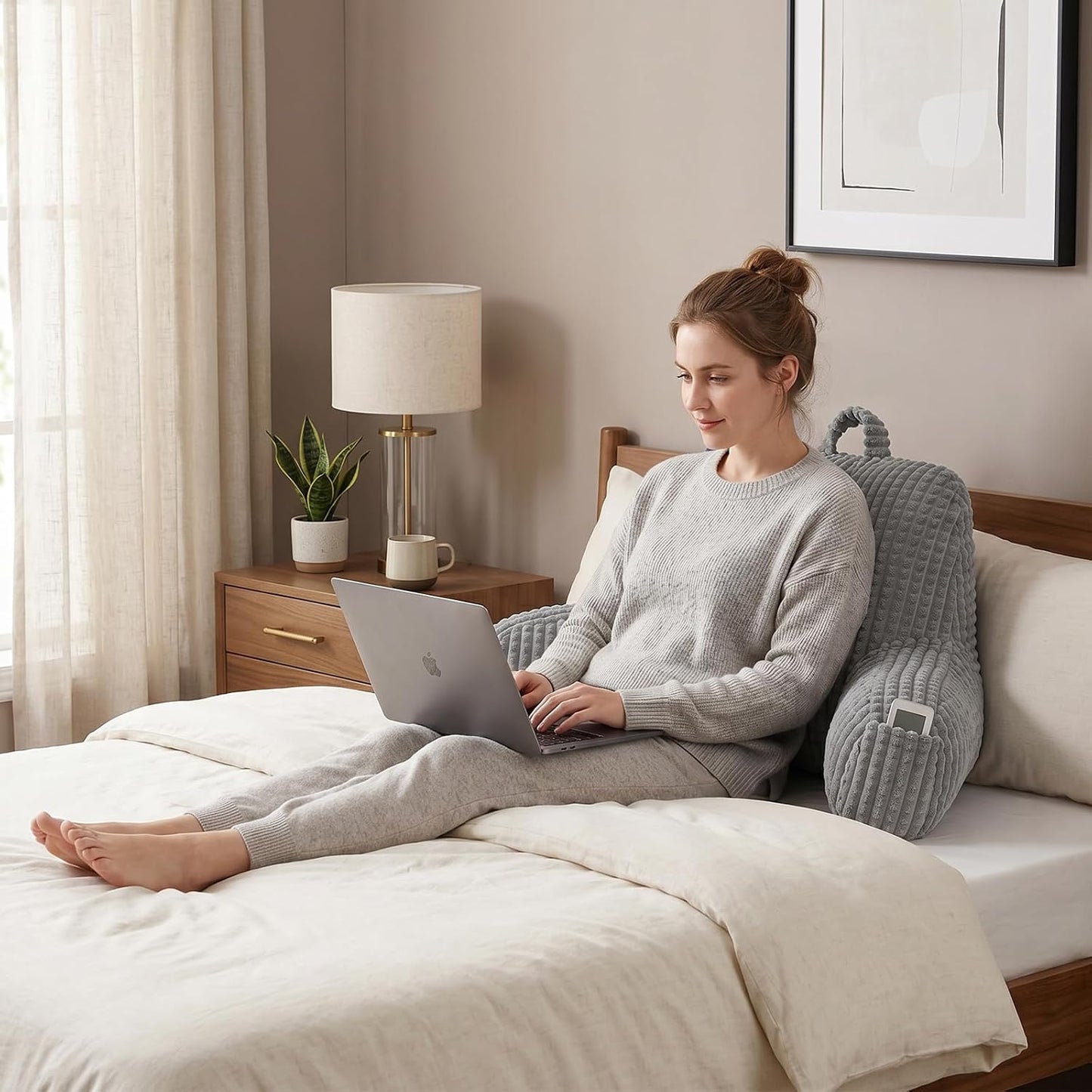 Reading Pillow with Arms for Sitting in Bed,Backrest,White Flannel,M | 17" Backrest Supports Back for College Students,Elbows & Forearms for Dorm Reading,Gaming,Watching TV