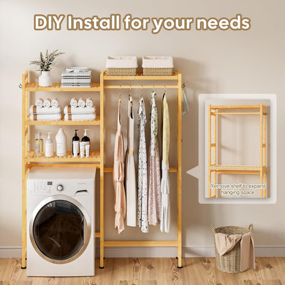 Cozivolife Over The Washer Dryer Storage Shelf: Bamboo 5 Tiers (Natural) | Laundry Room Drying Rack with Adjustable Shelves and 4 Hooks - Space Saver Organizer for Hanging Clothes and Towels