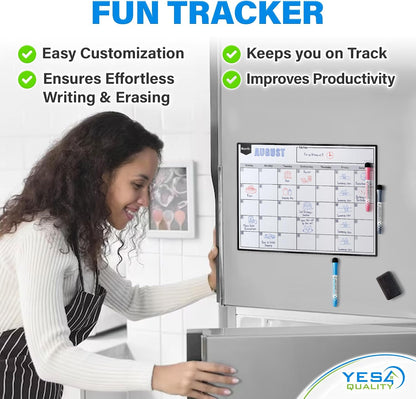 Magnetic Dry Erase Calendar 16x12 for Fridge with 3 Markers & Eraser | Strong magnetic dry erase calendar keeps schedules, meals and family plans organised on your fridge.