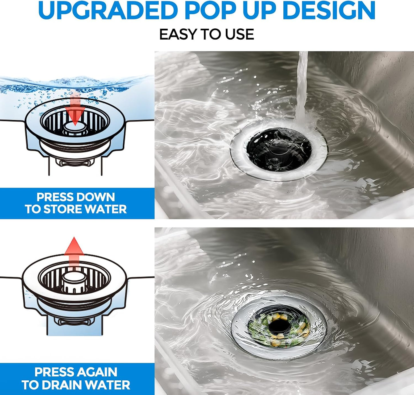 3 in 1 Kitchen Sink Drain Strainer Stopper Removable Basket Pop-Up | Kitchen Sink Food Strainer 1 Pack Silver Stainless - Food Catcher, Odor-Block Seal, Fits 3.5" Drain, Easy Clean