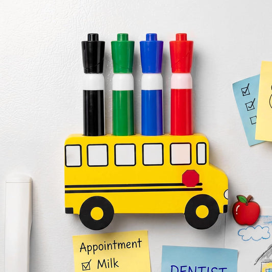 School Bus Magnetic Marker Holder, Back to School Classroom Supplies, Teacher Appreciation Gift Dry Erase Marker and Eraser Storage Organizer for Whiteboard Fridge Locker