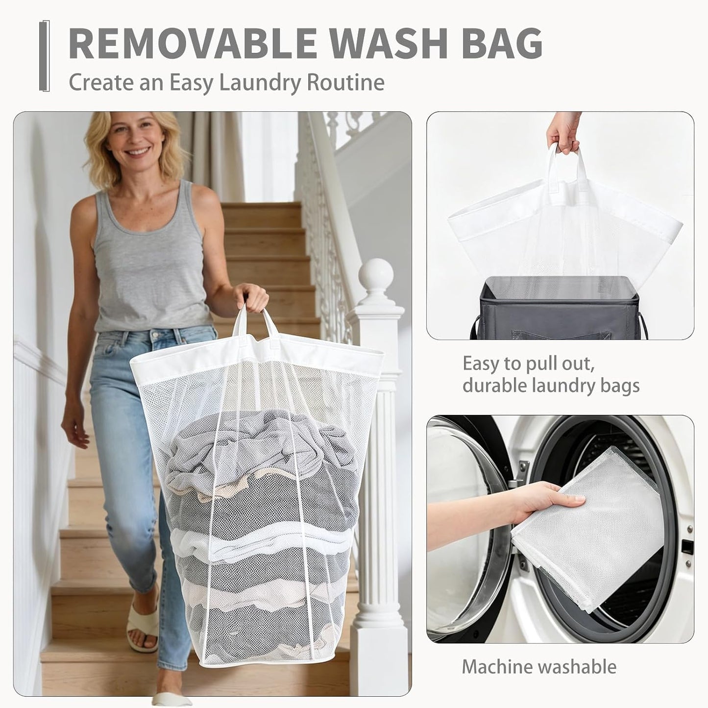 CHICVITA 75L Large Rolling Laundry Basket with Wheels & Wash Bag, Grey | Collapsible design saves space for corner dorms. Removable wash bag for easy laundry transport