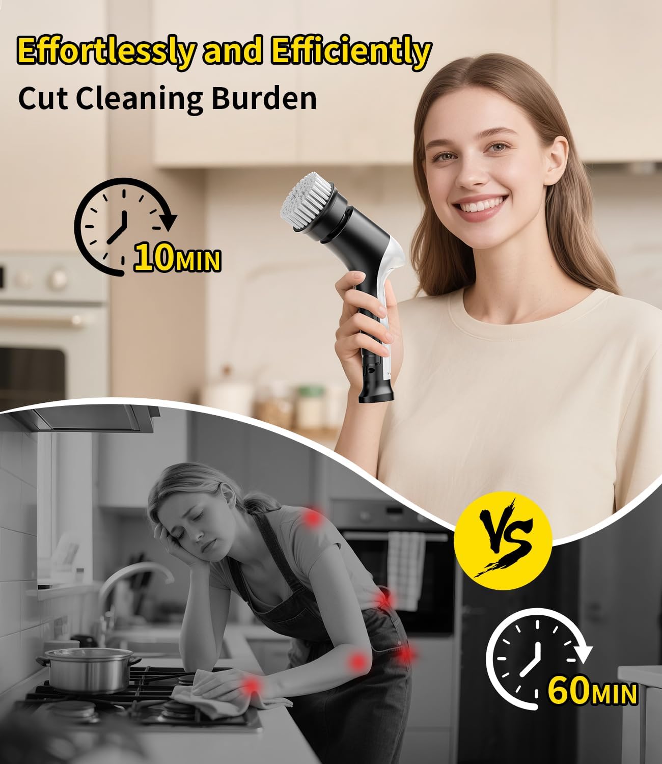 Electric Spin Scrubber, Cordless Household Cleaning Brush with 6 Replaceable Heads, 3 Speeds, LED Display, Lightweight Handheld Power Scrubber for Cleaning Stove/Bowl/Sink/Corner/Tile/Grout-Black