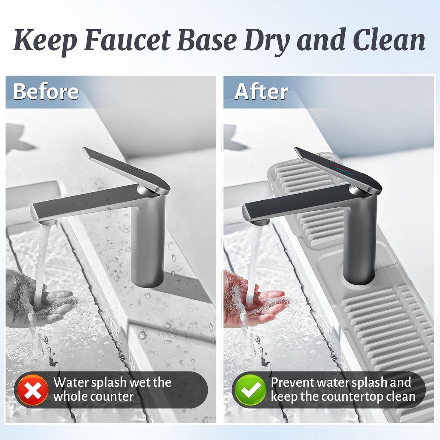 PoYang 24 Inch Faucet Mat for Kitchen Sink Splash Guard, Silicone, Black | Sink Protectors with 7° Slope for Smooth Drainage, Snap Button Holds It in Place, 90° Foldable & Cuttable Hole Fit Most Sinks