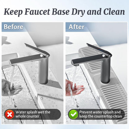 PoYang 24 Inch Faucet Mat for Kitchen Sink Splash Guard, Silicone, Black | Sink Protectors with 7° Slope for Smooth Drainage, Snap Button Holds It in Place, 90° Foldable & Cuttable Hole Fit Most Sinks