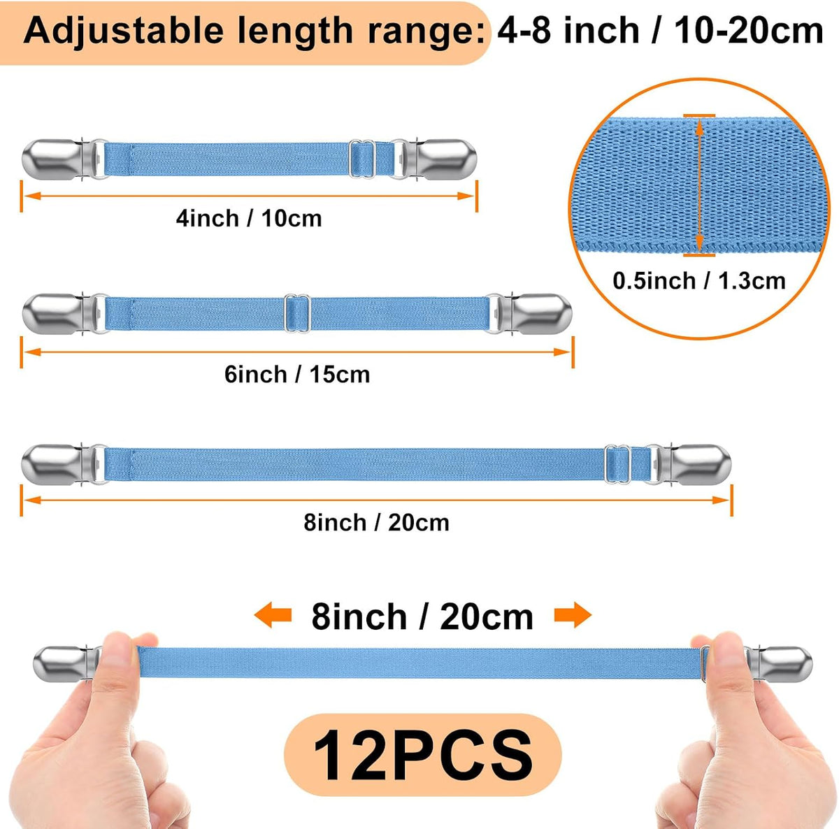 Boao 12 Pcs Bedsheet Strap Elastic Clip, White, 4-8 Inch Length