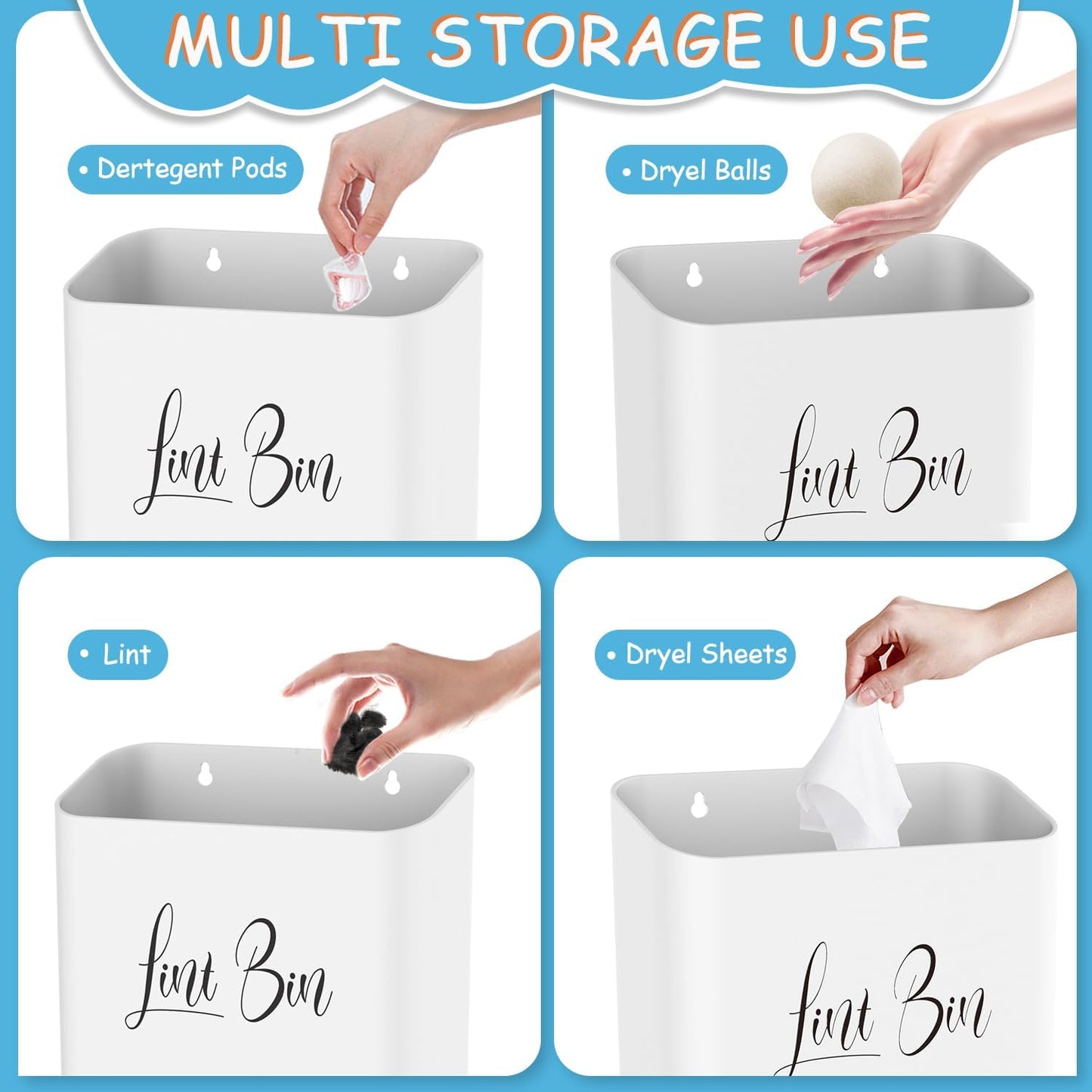 Sealegend Magnetic Lint Bin for Laundry Room with Dryer Lint Brush, Wall Mounted Trash Can Space-Saving Laundry Organization and Storage, White | 3 Installation Ways, Space-Saving Trash Can, Laundry Organization & Storage
