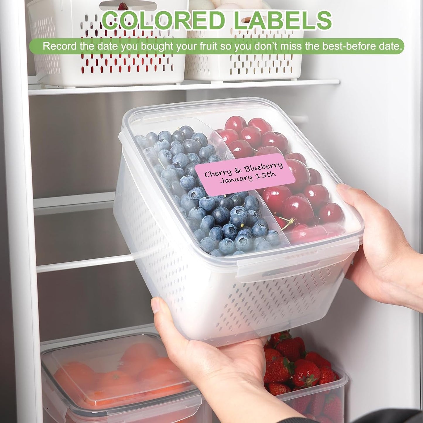 CAPHONT 12 Pack Fruit Storage Containers for Fridge with Removable Colander | 2-in-1 Organic Fruit Storage, 6 Size Clear Vegetable Storage Containers Set Keep Fruits, Vegetables, Meat Fresh Longer ﻿