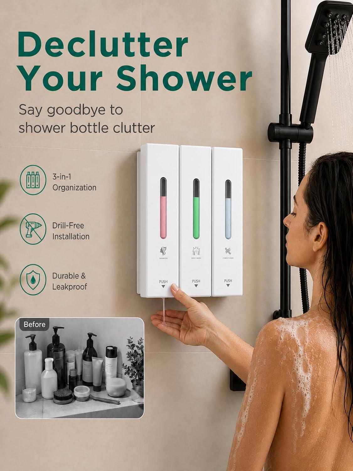 Shampoo and Conditioner Dispenser Wall Mounted, 3-Chamber Shower Soap Dispenser for Bathroom, 1200ML Large Capacity, No-Drill Installation, Clog-Free Pump for Thick Liquids (black-3-pack)