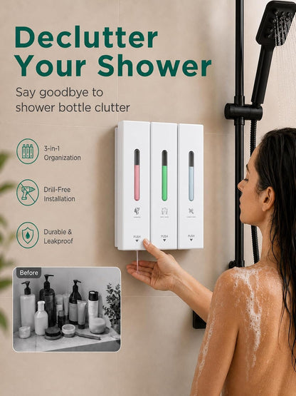 Shampoo and Conditioner Dispenser Wall Mounted, 3-Chamber Shower Soap Dispenser for Bathroom, 1200ML Large Capacity, No-Drill Installation, Clog-Free Pump for Thick Liquids (black-3-pack)