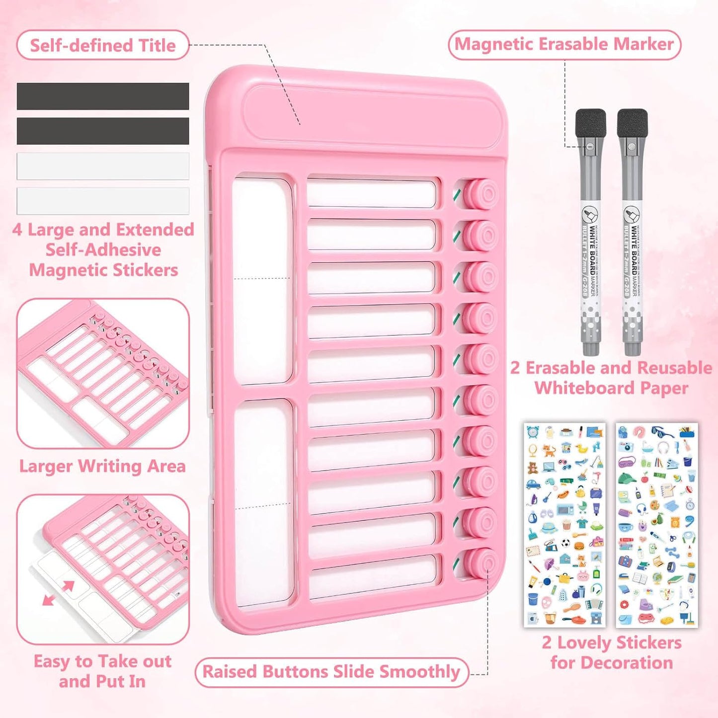 Audab 2Pcs Dry Erase Chore Chart for Kids, Magnetic Checklist Board, My Chores Slider Chart to Do List Board, Routine Chart Schedule Board Task Tracker for Home Refrigerator, Wall, Desk (Blue & Pink)