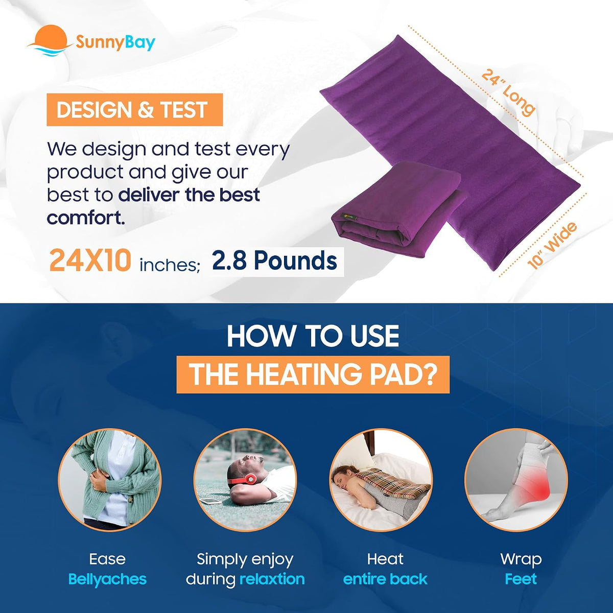 SunnyBay Extra Large Heating Pad, 10x24 inch, 2.8 lb, Navy Blue