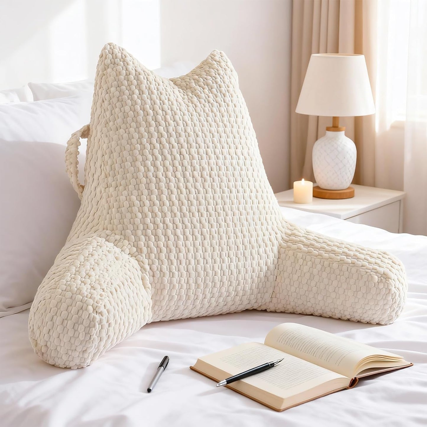 Standard Reading Pillow for Bed Sitting Up, Backrest Pillow with Shredded Memory Foam Filling, Back Support Cushion, Bed Rest Pillow with Arms, Pockets and Washable Cover-Grey