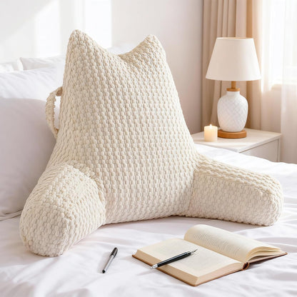 Standard Reading Pillow for Bed Sitting Up, Backrest Pillow with Shredded Memory Foam Filling, Back Support Cushion, Bed Rest Pillow with Arms, Pockets and Washable Cover-Grey