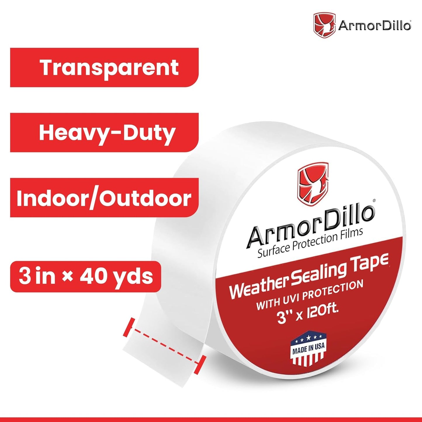 ArmorDillo Transparent Window Weather Sealing Tape, w Free Utility Knife, 2 inch X 120FT (40 YDS) - Clear Weather Stripping Tape, Draft Isolation & Insulation, No Residue, for Windows, Doors, AC & RV