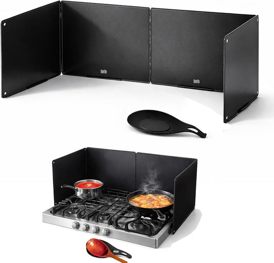 Foldable, Easy-Clean, Grease Splatter Guard for Stove Top by Baetle– Heavy-Duty Stainless Steel Oil Splash Shield, Premium Black Style, 29.5" Wide Back Panel, 13.6" Deep–with Spoon Rest