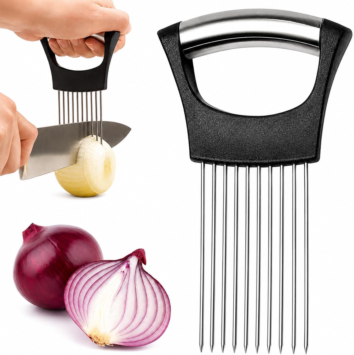 Onion Slicer Holder, 304 Stainless Steel Onion Cutter Tool with 10 Prongs, Vegetable Cutting Guide for Safe & Even Slicing, Food Prep Holder for Onion, Tomato & Potato