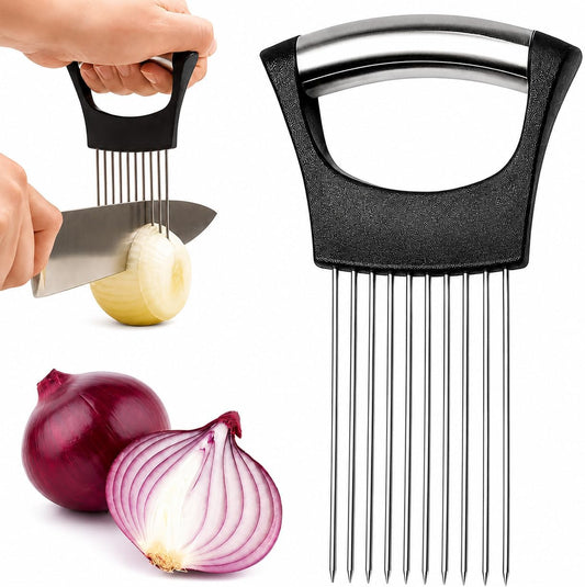 Onion Slicer Holder, 304 Stainless Steel Onion Cutter Tool with 10 Prongs, Vegetable Cutting Guide for Safe & Even Slicing, Food Prep Holder for Onion, Tomato & Potato