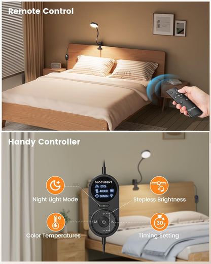 Glocusent 72 LED Desk Lamp, Bed Lamp with Amber Ring& Amber Mode | 3 Colors & 5 Brightness, 2.75" Clamp & 30Min Timer, USB Powered with Remote, Clamp Light for Headboard/Dorm/Bunk/Work/Craft