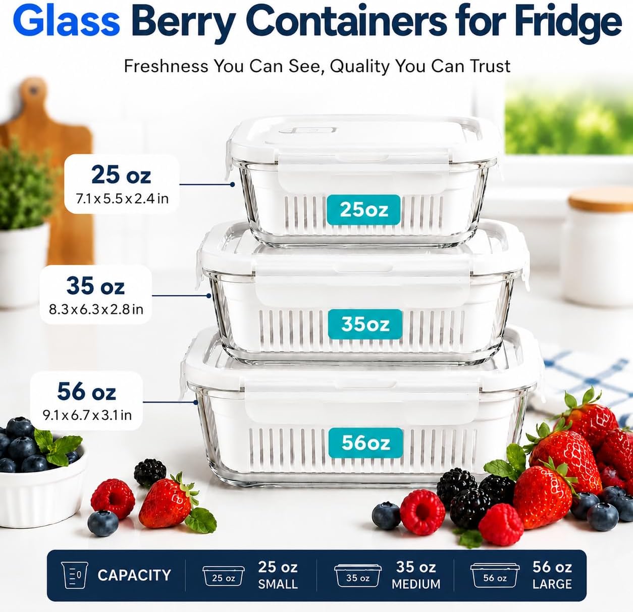 Glass Berry Container for Fridge, 3 Pack, 56oz 35oz 25oz, with Removable Colander and Vent Valve, Fresh Produce Storage Set(White)