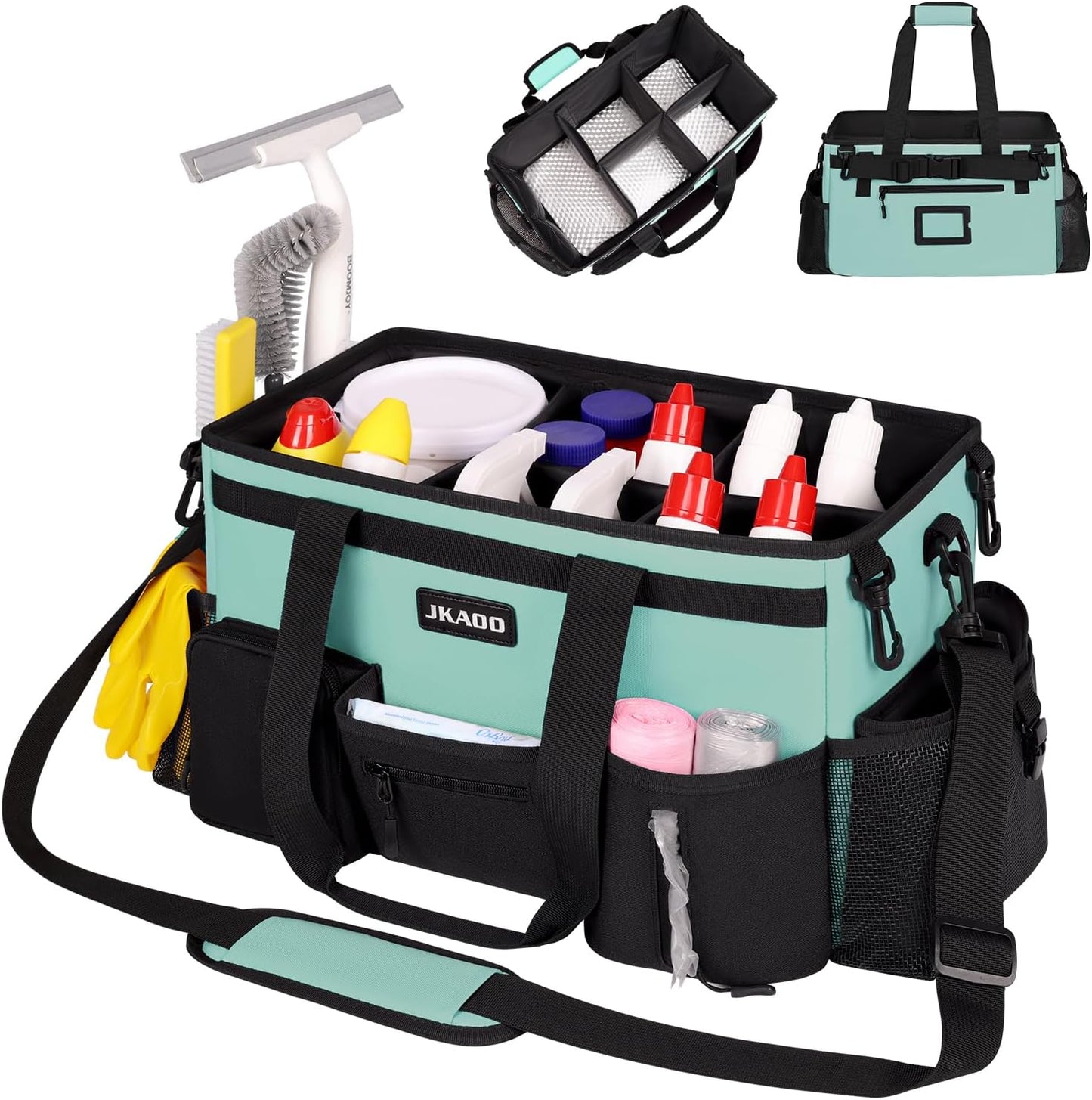 JKAOO Large Wearable Cleaning Caddy Bag with Handles, Denim Blue | Adjustable Shoulder & Waist Straps, Removable, Waterproof Tote for Cleaning Supplies, Home, Car, Office
