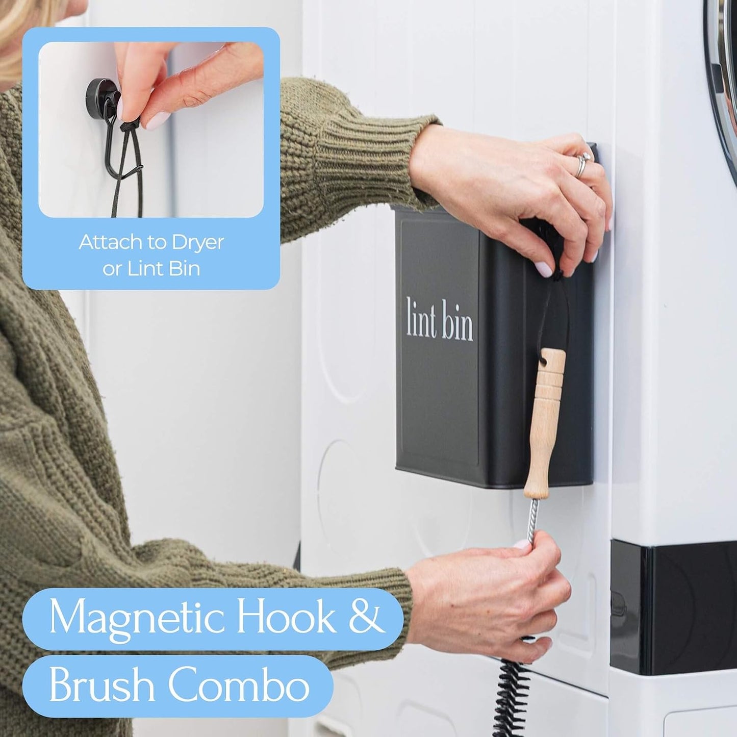 Magnetic Laundry Lint Bin for Dryer | Wall-Mounted Small Trash Can for Laundry Room | Includes Magnetic Hook & Lint Brush | Space-Saving Magnetic Laundry Trash Can | Matte White