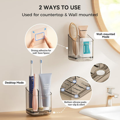 3 Slots Toothbrush Holders with Detachable Dividers for Bathrooms | Toothbrush Holder Wall Mounted with Drip Tray, Electric Tooth Brush and Toothpaste Holder Organizer for Bathroom Countertop