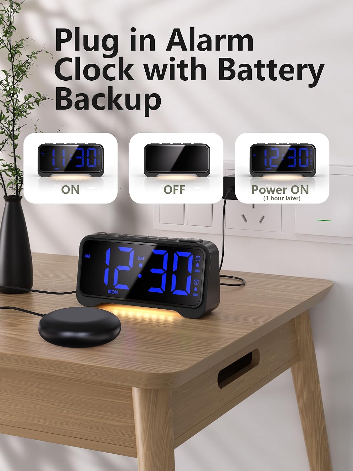 Mesqool Bed Shaker Alarm Clock for Heavy Sleepers, Extra Loud Vibration | Vibration & buzzer modes, dual alarms, snooze, USB charging, battery backup, brightness adjustment for teens & heavy sleepers