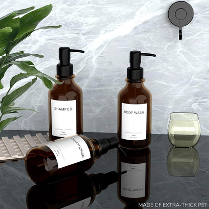 Modern Shampoo and Conditioner Dispenser - Shower Soap Dispenser Wall Mounted - 3-Pack 16 oz Plastic Amber Bottles with Black Pumps - Stylish Shampoo Dispenser, Shower Dispenser 3 Chamber No Drill