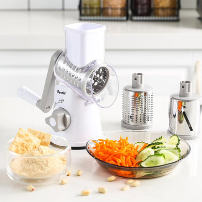 Geedel Rotary Cheese Grater, Kitchen Mandoline Vegetable Slicer with 3 Interchangeable Blades, Easy to Clean Rotary Grater Slicer for Fruit, Vegetables, Nuts | 3 Blades, 430 Stainless Steel, 12x Fast Cutting, Strong Suction Base, No BPA, Dishwasher Safe,