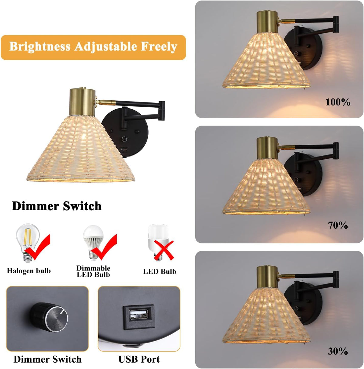 Wall Mounted Lamp Plug in Wall Sconce with Dimmable Switch Swing Arm Wall Lamp Whire Fabric Shade with USB Port Gold Wall Sconce Suitable for Hallway Bedroom Living Room…