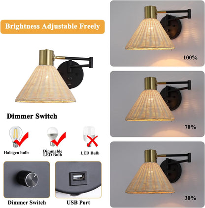 Wall Mounted Lamp Plug in Wall Sconce with Dimmable Switch Swing Arm Wall Lamp Whire Fabric Shade with USB Port Gold Wall Sconce Suitable for Hallway Bedroom Living Room…