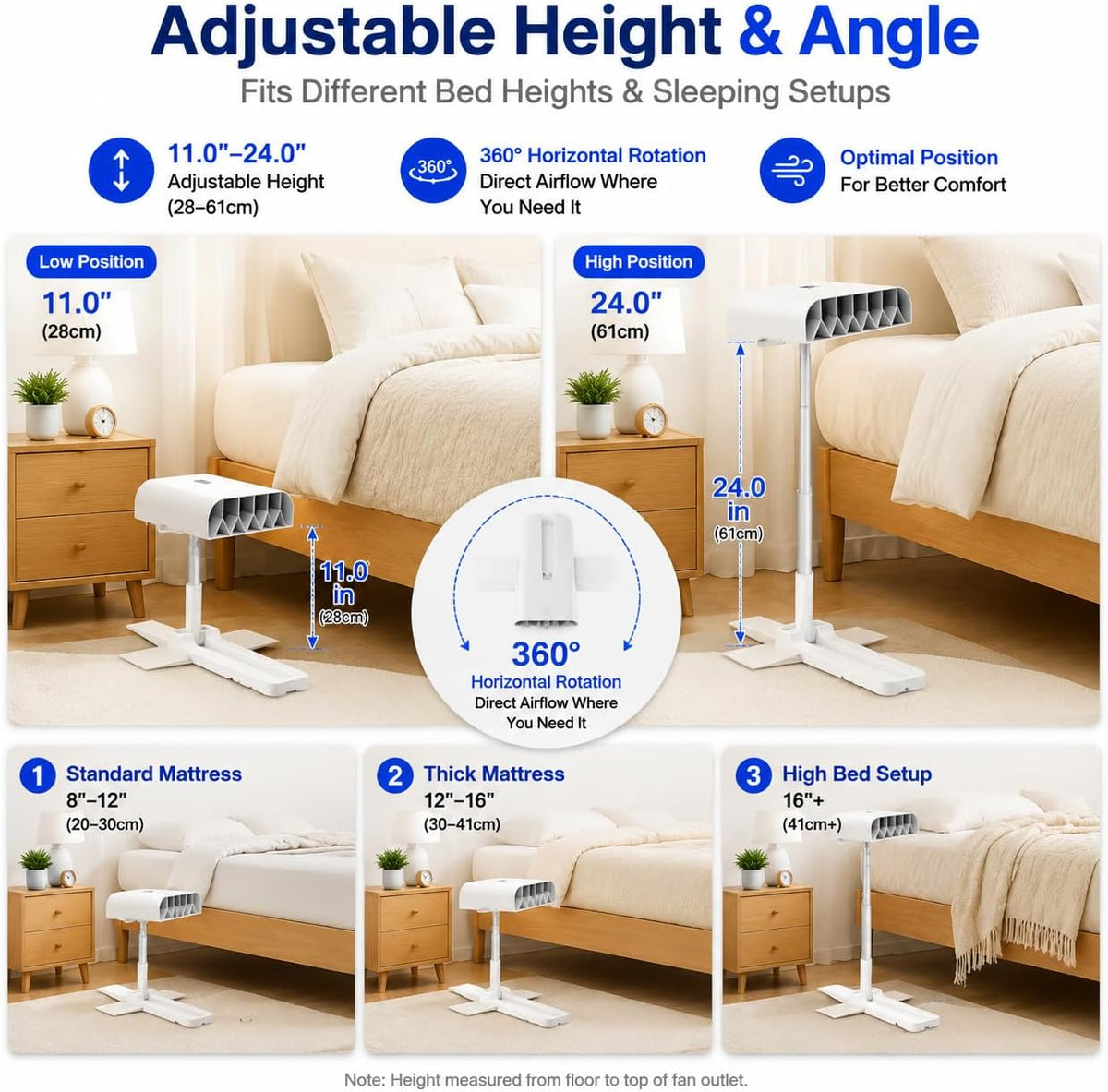 boatsea Cordless Bed Fan for Hot Sleepers, Under Sheet Cooling Fan with Battery & Adjustable Height Fits All Mattresses, 5 Speeds Remote, Night Sweats Relief, Under Sheet Bed Cooling System