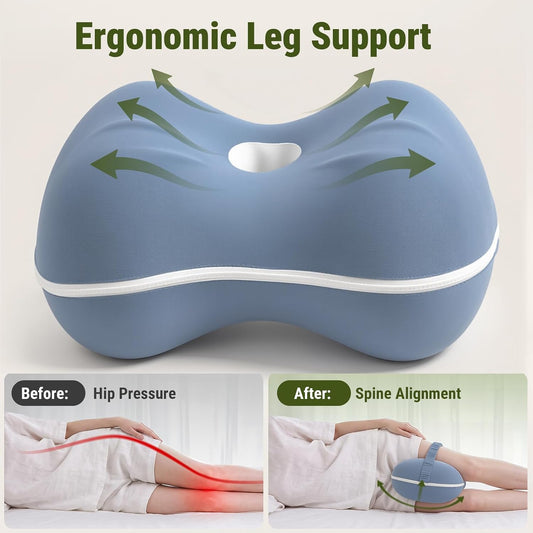 Knee Pillow for Side Sleepers - Cooling Pillow Between Legs for Side Sleeping - Memory Foam Knee Pillow with Strap for Hip Pain & Spine Alignment (Blue)
