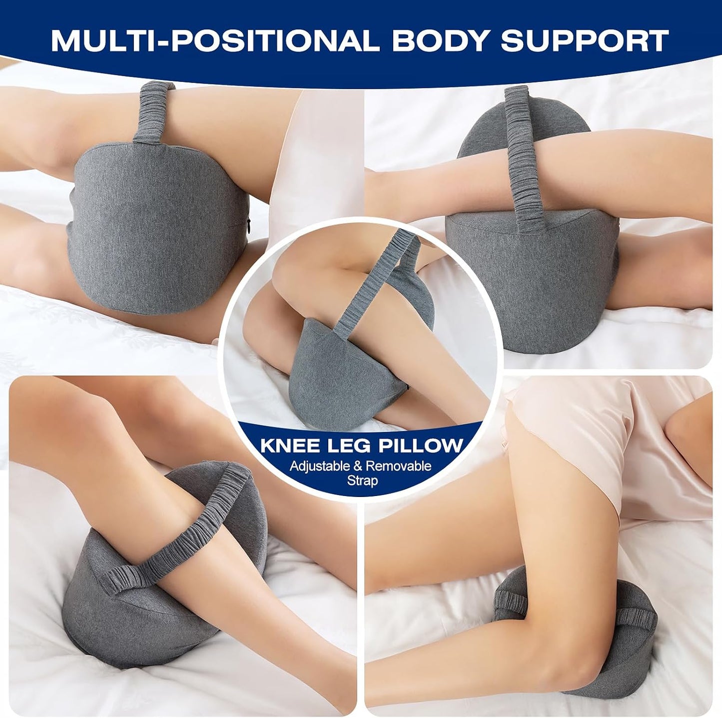 Knee Leg Pillow for Side Sleepers Leg Pillow for Side Sleeping with Strap-100% Memory Foam Wedge Contour Spacer Cushion for Back,Hip Knee Pregnancy Sciatica Pain Relief Free Sleep Mask Ear Plugs Grey