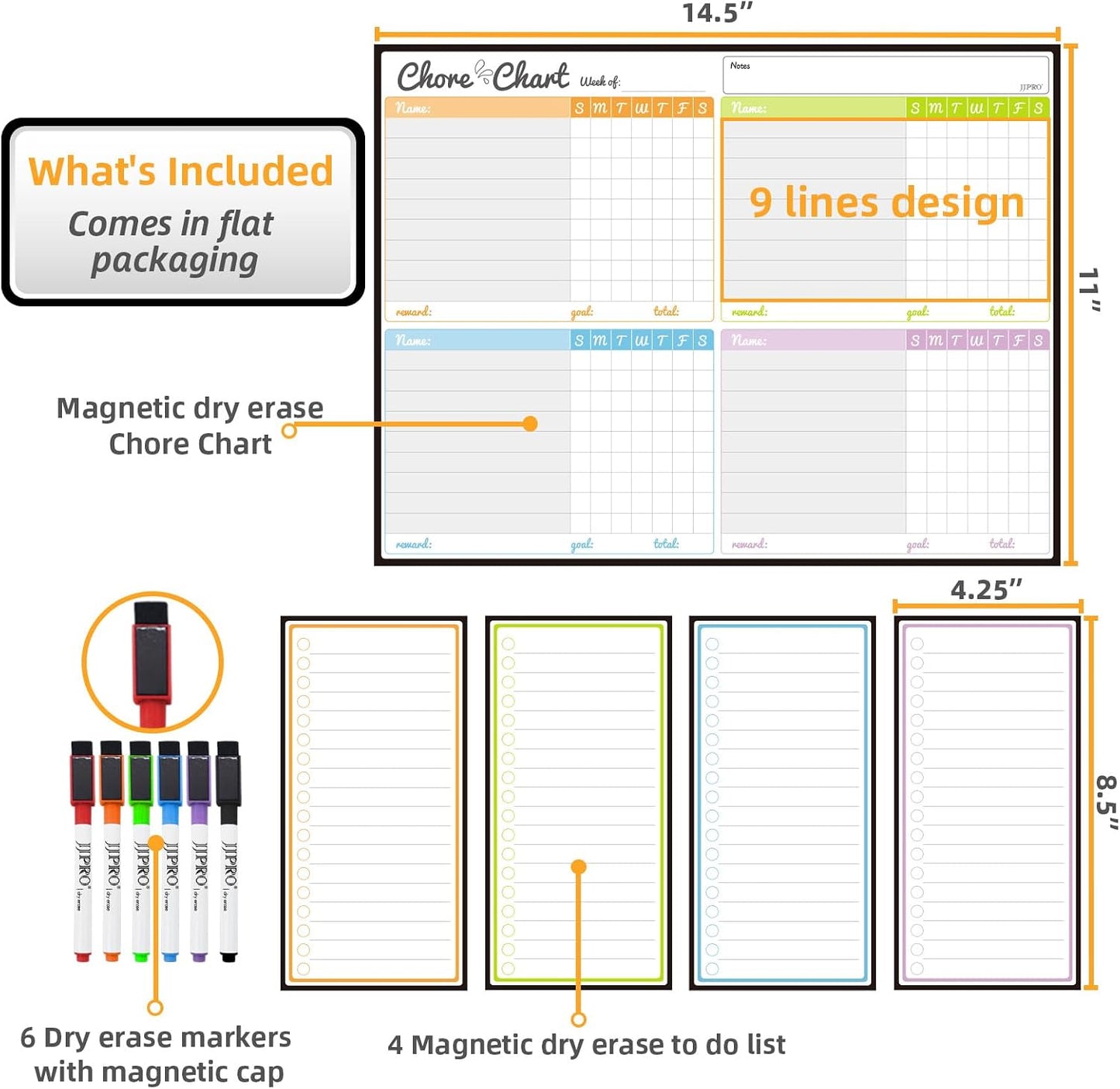 JJPRO Magnetic Dry Erase Chore Chart Set for Fridge-Used for Multiple Kids-One Chore Chart and Two Bonus Dry Erase Pad/Grocery Boards-Behavior Chart for Multiple Kids