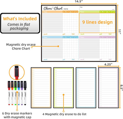 JJPRO Magnetic Dry Erase Chore Chart Set for Fridge-Used for Multiple Kids-One Chore Chart and Two Bonus Dry Erase Pad/Grocery Boards-Behavior Chart for Multiple Kids