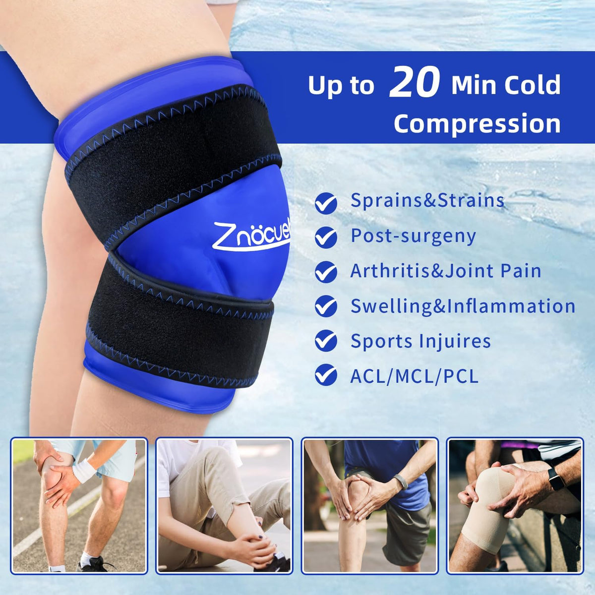 ZNÖCUETÖD Enhanced Knee Ice Pack Wrap for Pain Relief, Large Gel Ice Pack for Knee Leg Injuries Reusable with Cold Compression for Tendonitis, Arthritis, Swelling, Bruises, Surgery Recovery