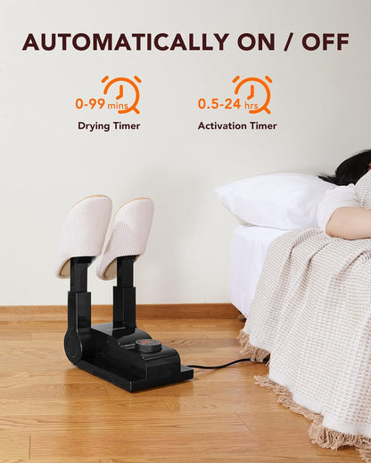 FORLIM Shoe & Boot Dryer for Work Boots, Forced Air, 2-Hour Timer, Black | Telescopic Ports Reach Toe Boxes; 180° Rack Fits Sneakers, Gloves, Ski Gear, Cleats, Workers, Families, Hunters, Rain, Snow