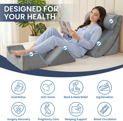 5PCS Wedge Pillow Set for After Surgery, Adjustable Orthopedic Foam Bed Wedge Pillow for Acid Reflux, GERD & Heartburn Relief, Back & Leg Elevation Support for Sleeping & Sitting Up, White Grey