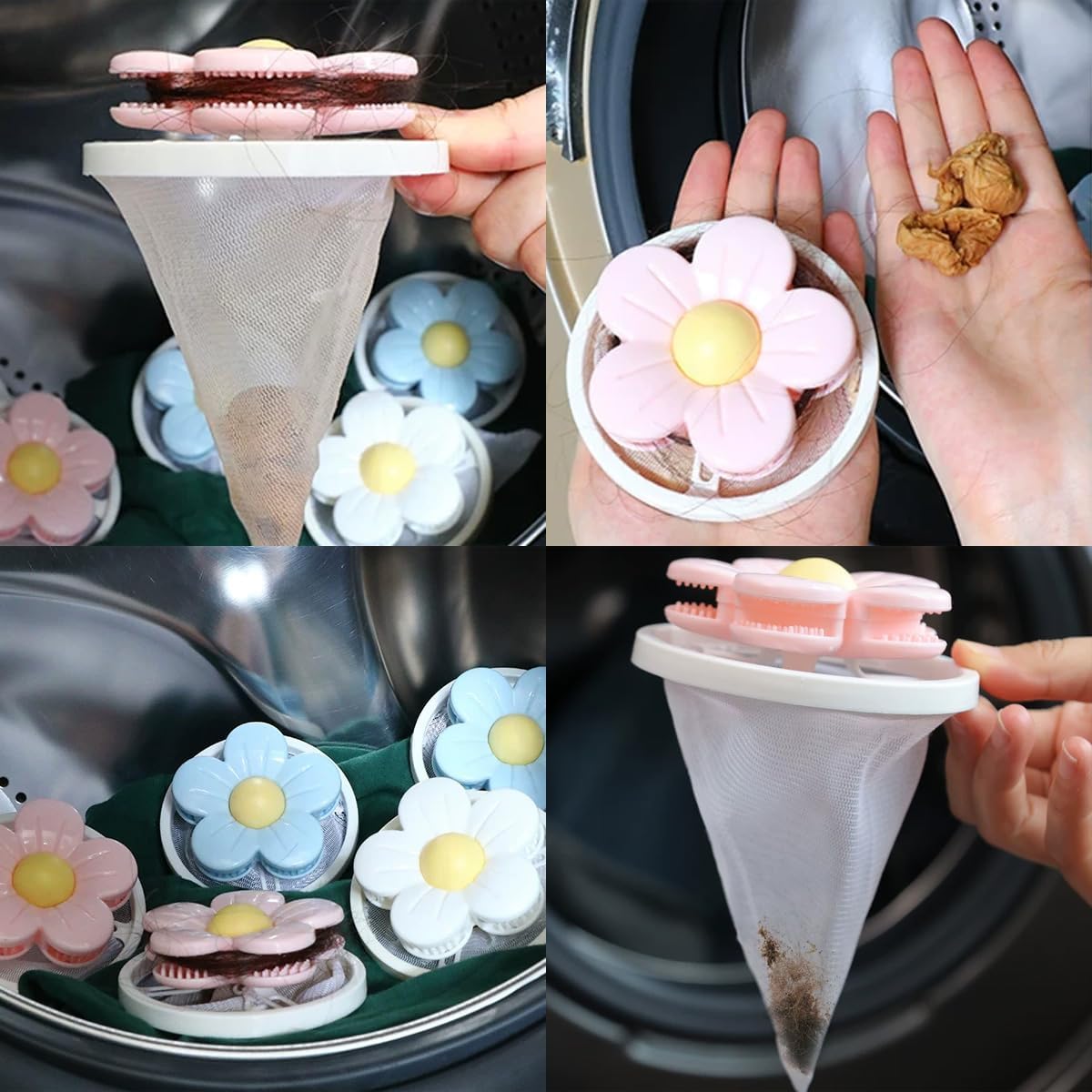 3 PCS Hair Filter Bag Floating Lint Catcher Machine Pet Hair Catcher | Flowers Cleaning Mesh Bag, Serrated Design Reusable Washing Hair Filter for Washing Dog Cat Hair Remover for Laundry