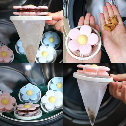 3 PCS Hair Filter Bag Floating Lint Catcher Machine Pet Hair Catcher | Flowers Cleaning Mesh Bag, Serrated Design Reusable Washing Hair Filter for Washing Dog Cat Hair Remover for Laundry