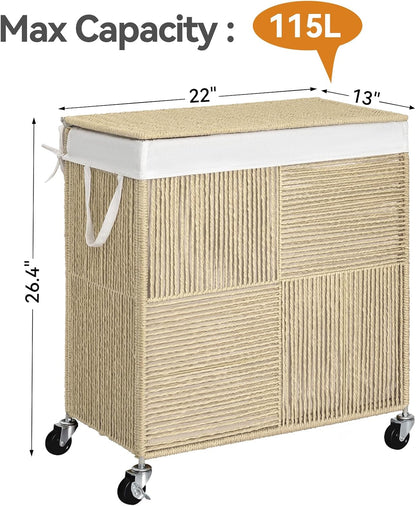 WOWLIVE Double Laundry Hamper with Wheels, Handwoven Rolling Laundry Basket | 115L Dirty Clothes Hamper with Lid, Removable Liner Bag, Large Capacity Laundry Sorter Laundry Room Organization, Green