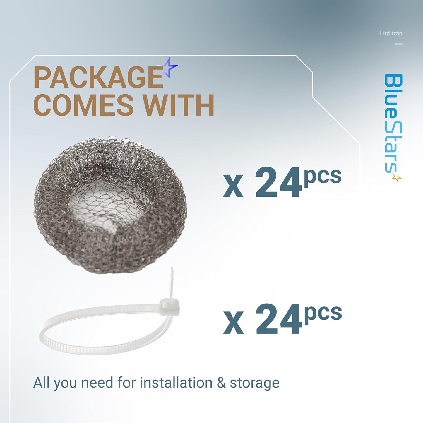 BlueStars 24-Pack Washing Machine Lint Traps with 24 Cable Ties | Rustproof Stainless Steel Mesh Captures Lint & Debris to Help Prevent Sink Drain Clogs and Costly Plumbing Repairs