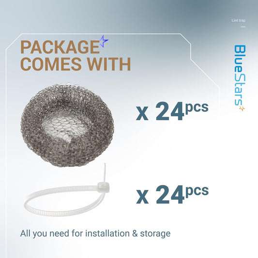 BlueStars 24-Pack Washing Machine Lint Traps with 24 Cable Ties | Rustproof Stainless Steel Mesh Captures Lint & Debris to Help Prevent Sink Drain Clogs and Costly Plumbing Repairs