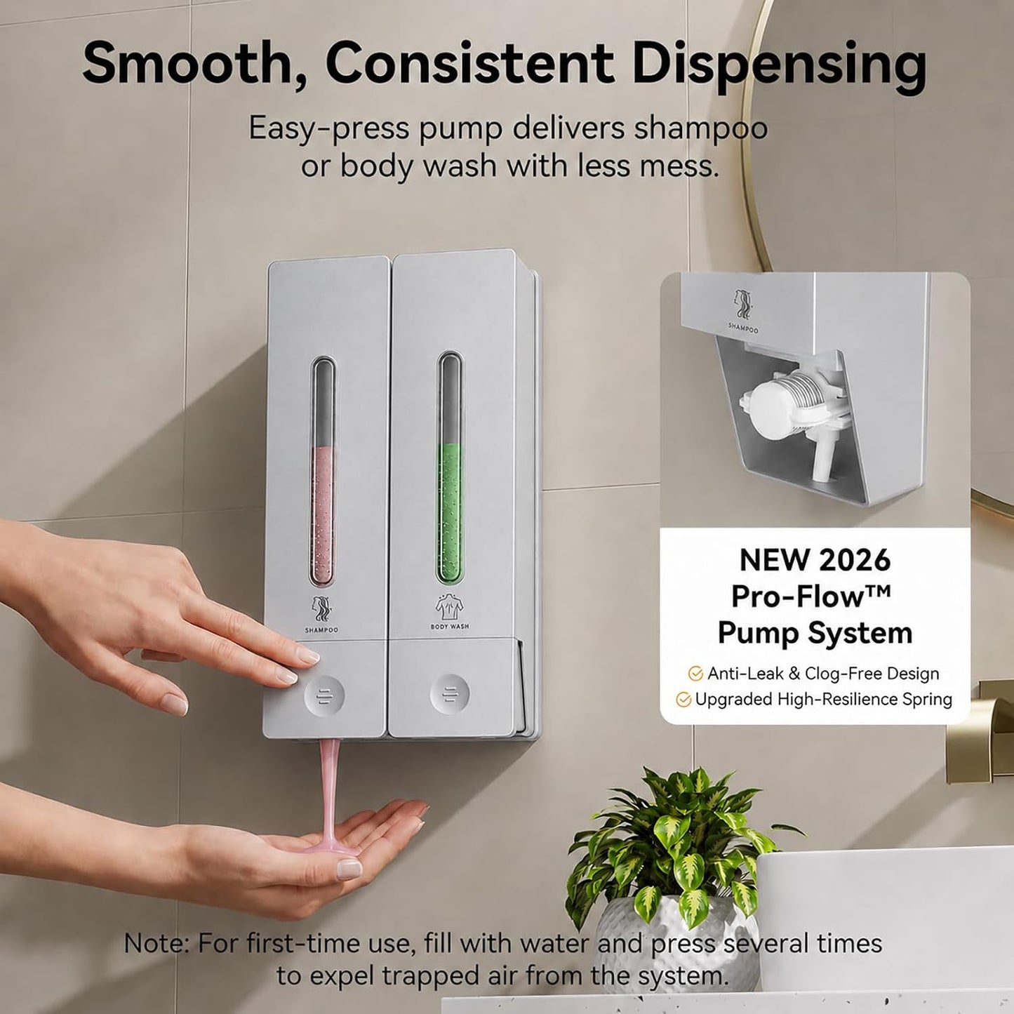 Shampoo and Conditioner Dispenser - Wall-Mounted 3-Chamber Shower Soap Dispenser, No-Drill, 1200ML Capacity, for Bathroom & Hotel