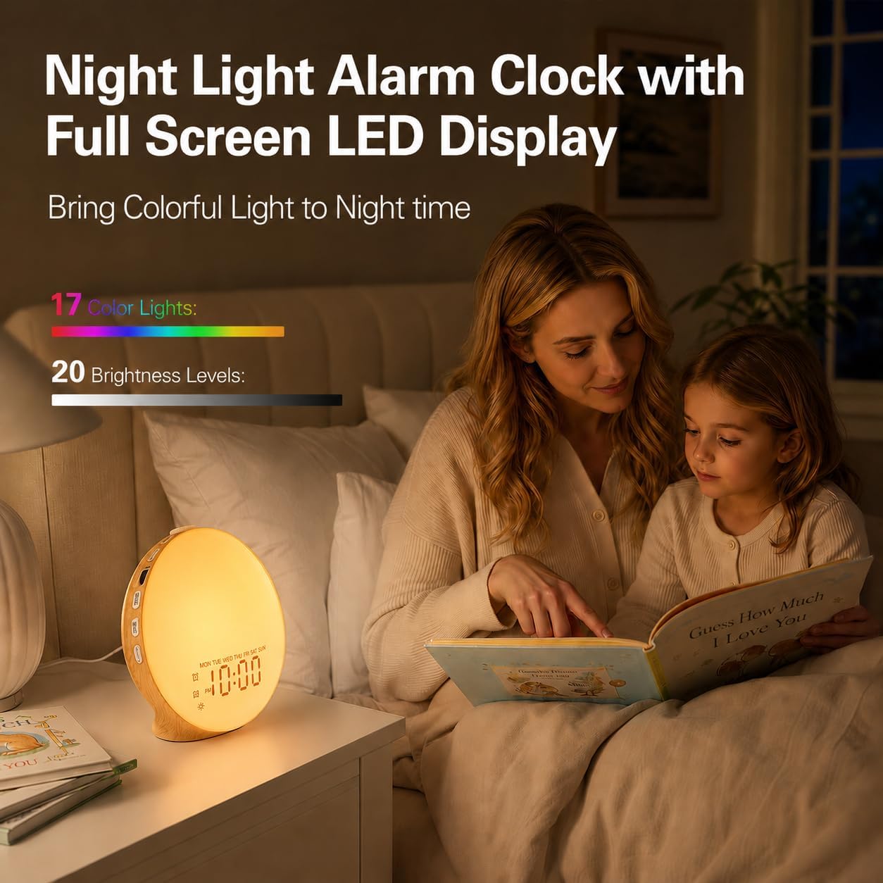 JALL Full Screen Dimmer Sunrise Alarm Clocks for Bedrooms, Wake Up Light with FM Radio, 25 White Noise Sleep Sounds, Bluetooth Speaker, Dual Alarms Bedside Clock for Heavy Sleepers