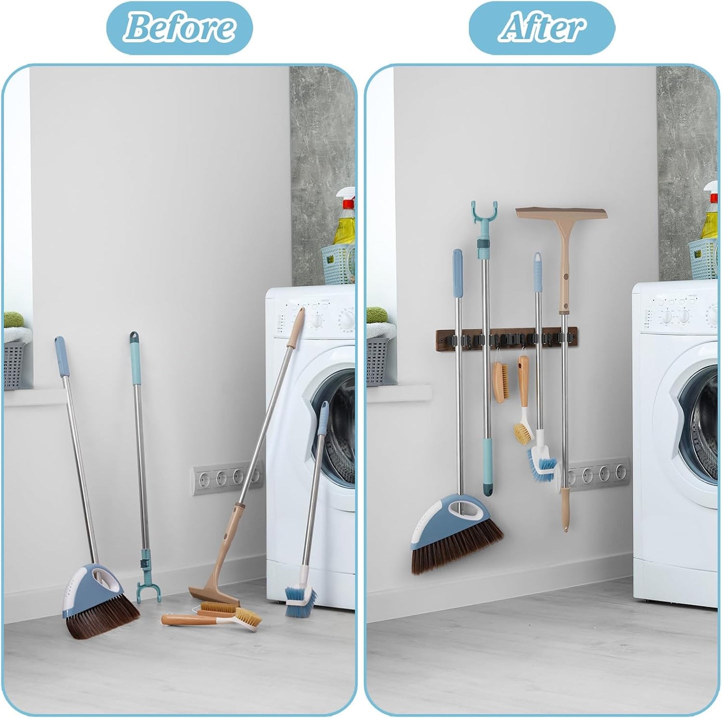 White Broom Holder Wall Mount - Heavy Duty Wood Mop and Broom Organizer with 5 Slots & 4 Hooks - Garden Tool Hanger for Laundry Room Closet Kitchen Garage Storage and Organization - Modern Home Decor