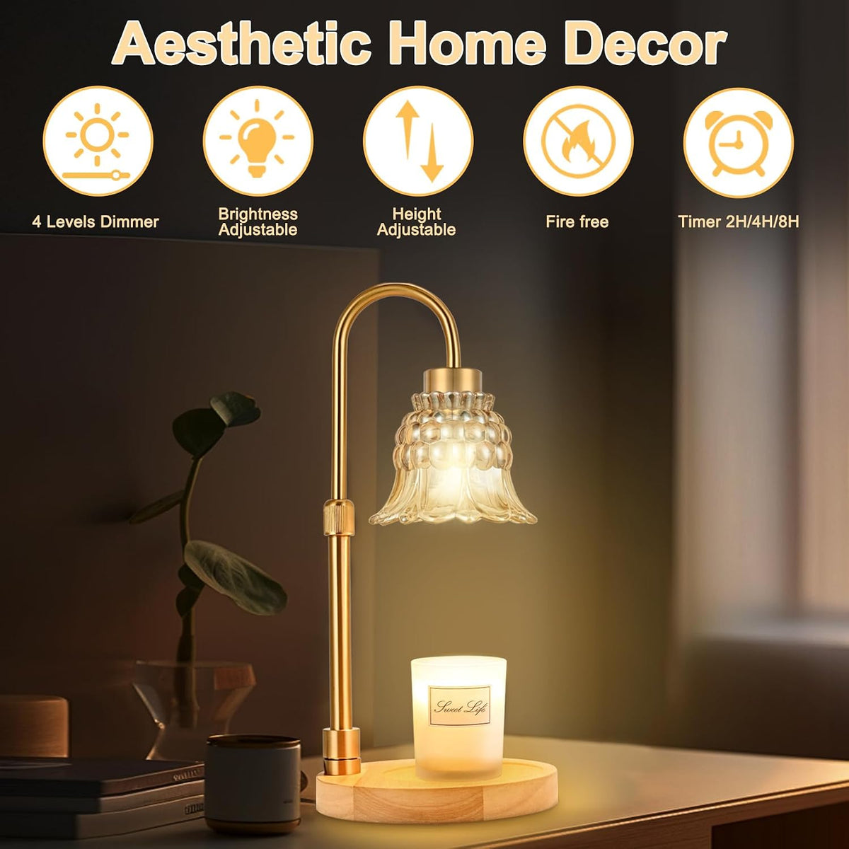 Candle Warmer Lamp with Timer & 3 Bulbs, Dimmable Electric CandleLight Adjustable Height and Brightness Candle Wax Warmer for Jar Candles Bedroom Home Decor House Warming Gift for Women (Round Gold)
